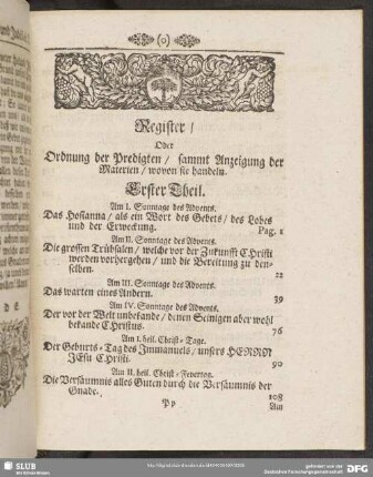 Register, Oder Ordnung der Predigten, sammt Anzeigung der Materien, wovon sie handeln
