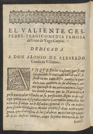El Valiente Cespedes: Tragicomedia Famosa de Lope de Vega Carpio.
