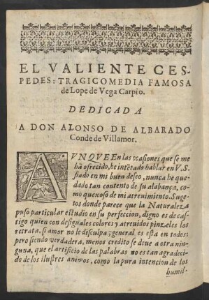 El Valiente Cespedes: Tragicomedia Famosa de Lope de Vega Carpio.
