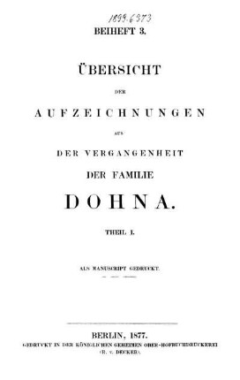 Beih. 3: Aufzeichnungen über die Vergangenheit der Familie Dohna. Beih. 3