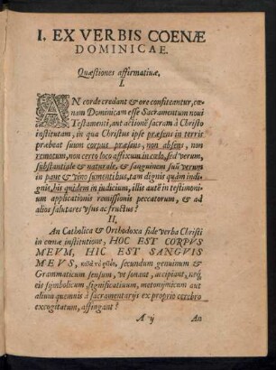 I. Ex Verbis Coenae Dominicae.