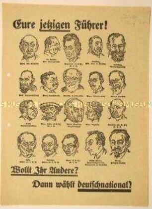 Antisemitischer Wahlaufruf der Deutschnationalen Volkspartei mit Karikaturporträts von 20 Politikern.