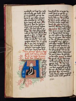 Historisierte Initiale: Beli Lutispach, kniend und betend, als Laienschwester mit weißem Schleier