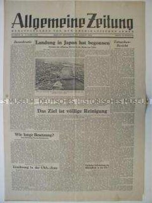 Tageszeitung der US-Armee für Berlin "Allgemeine Zeitung" u.a. zur Landung der US-Truppen in Japan