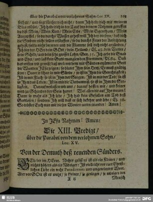 XIII. Predigt, über die Parabol von dem verlohrnen Sohn, Luc. XV.