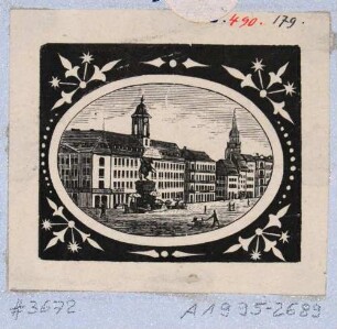 Dresden, der Neustädter Markt nach Nordwesten mit dem Reiterstandbild August des Starken (Goldener Reiter) und dem Neustädter Rathaus, im Hintergrund der Turm der Dreikönigskirche