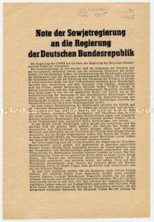 Sonderdruck der UdSSR-Note an die Regierung der Bundesrepublik zur Aufnahme diplomatischer Beziehungen