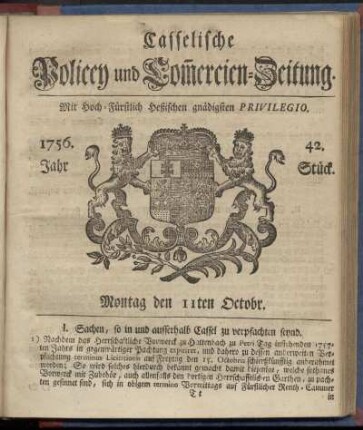42. Stueck, Montag den 11ten Octobr. 1756