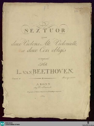 Sextuor pour 2 Violons, Alt, Violoncelle et deux Cors obligés : oeuvre 81