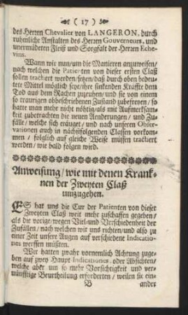 Anweisung / wie mit denen Kranknen der Zweyten Claß umzugehen.