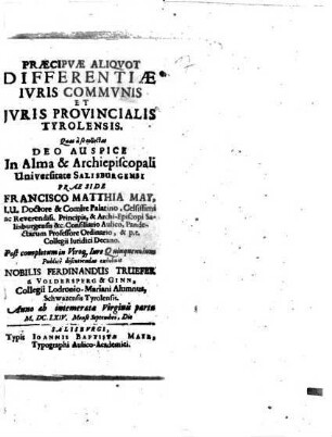 Praecipuae Aliquot Differentiae Iuris Communis Et Iuris Provincialis Tyrolensis