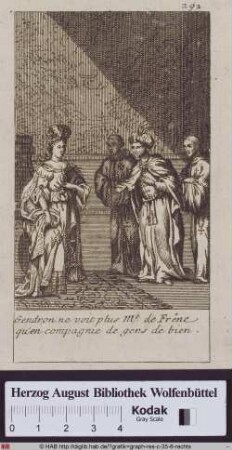 Ein Herr mit Turban macht in Begleitung zweier Priester einer Dame seine Aufwartung.