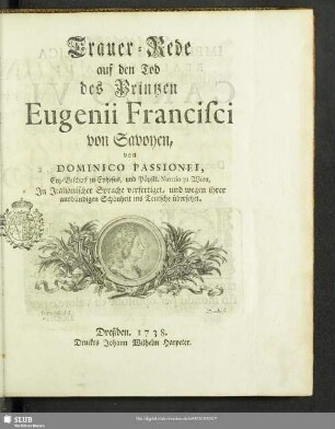 Trauer-Rede auf den Tod des Printzen Eugenii Francisci von Savoyen