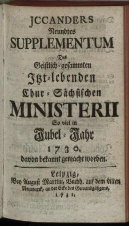9: Jccanders ... Supplementum Des Geistlich-gesammten Itzt-lebenden Chur-Sächsischen Ministerii
