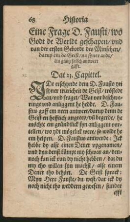 Eine Frage D. Fausti/ wo Godt de Werldt geschapen ... Dat 21. Capittel.