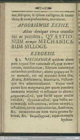 Aphorismus XXXIIX. Alius denique circa mensuras ac pondera, Quaestionum nempe Mechanicarum Sylloge