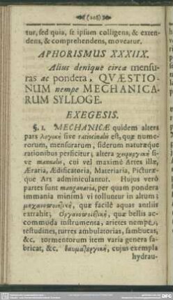Aphorismus XXXIIX. Alius denique circa mensuras ac pondera, Quaestionum nempe Mechanicarum Sylloge