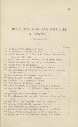 Role des françois refugiez à Spando. 31 décembre 1699