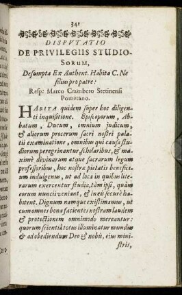 Disputatio De Privilegiis Studio Sorum, Desumpta Ex Authent. Habita C. Ne filius pro patre [...]