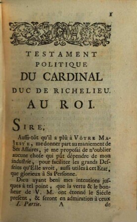 Testament politique du Cardinal Duc de Richelieu. T. 1