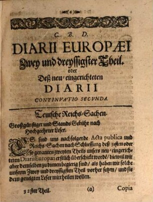 Continuatio diarii Europaei : das ist täglicher Geschichts-Erzehlungen ... Theil, ... was sich ... in der Welt ... begeben und zugetragen hat, 32 = Cont. 2 = T. 3. 1676