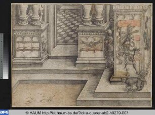 Die Ehrenpforte für Kaiser Maximilian I., Sockel des linken inneren Freisäulenpaares (Springinklee o. Traut n. Dürer) und Sockelzone des linken Seitenportals (Springinklee o. Traut)