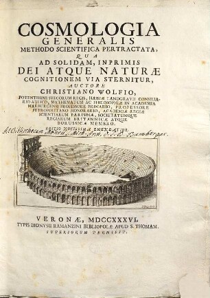 Cosmologia Generalis Methodo Scientifica Pertractata, Qua Ad Solidam, Inprimis Dei Atque Naturae Cognitionem Via Sternitur