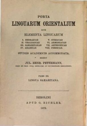 Porta linguarum Orientalium : sive elementa linguarum Syriacae, Chaldaicae, Arabicae, Samaritanae, Aethiopicae, Armeniacae etc., 3. Brevis linguae Samaritanae grammatica