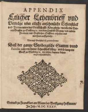 Appendix Etlicher Lehensbrieff und Verträge ...