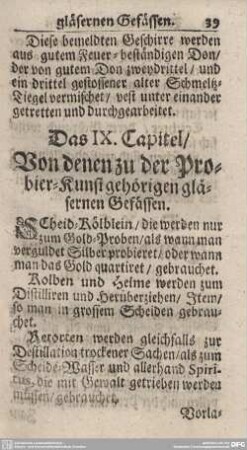 Das IX. Capitel/Von denen zu der Probier-Kunst gehörigen gläsernen Gefässen.