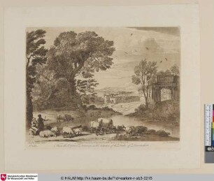 [Landschaft mit zwei Hirtinnen und ein Triumphbogen rechts.]