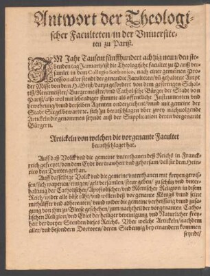 Antwort der Theologischer Faculteten/ in der Universiteten zu Pariß.
