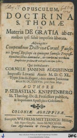 Opusculum, Doctrina S. Thomae In Materia De Gratia ab erroribus ipsi falsò impositis liberata