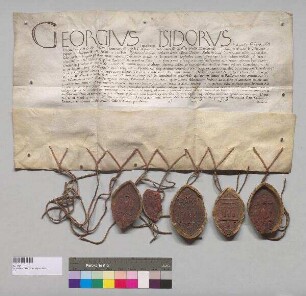 Die Kardinalbischöfe Georg von Präneste und Isidor von Sabinum sowie die Kardinalpriester Petrus Barbus v. St. Markus in Rom, Antoius von St. Chrysogonus in Rom, Johannes von St. Prisca in Rom, Johannes von St. Clemente in Rom, Jakobus von St. Anastasia in Rom und Rodericus von St. Niccolaus in carcere gewähren dem Karmelitenkloster in Straubing einen Ablass. S1: Kardinalbischof Georg von Präneste, S2: Kardinalbischof Isidorf von Sabinum, S3: Kardinalpriester Petrus Barbus v. St. Markus, S4: Kardinalpriester Antoius von St. Chrysogonus, S5: Kardinalpriester Johannes von St. Prisca, S6: Kardinalpriester Johannes von St. Clemens, S7: Kardinalpriester Jakobus von St. Anastasia, S8: Kardinalpriester Rodericus von St. Nikolaus in carcere