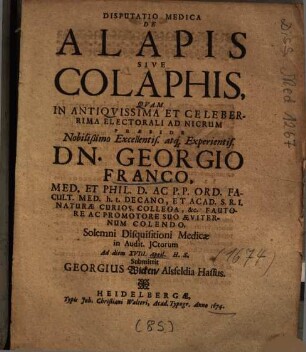 Disputatio Medica Alapis Sive Colaphis