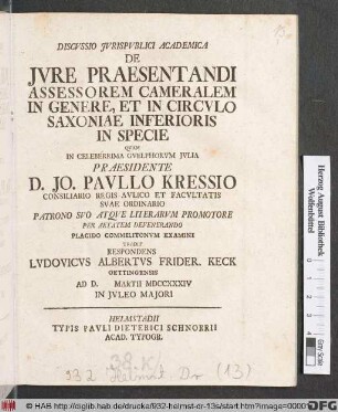 Discvssio Jvrispvblici Academica De Jvre Praesentandi Assessorem Cameralem In Genere, Et In Circvlo Saxoniae Inferioris In Specie