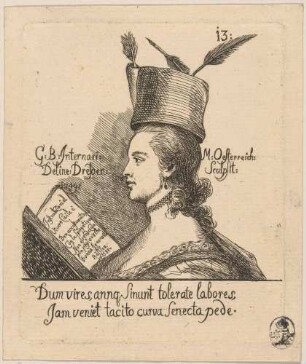 Dame mit Buch, die auf ihrem Kopf ein Tintenfass mit Schreibfedern trägt ("Dum vires annique sinunt, tolerate labores [...]; aus einer Serie humoristischer Figurendarstellungen, Nr. 13)