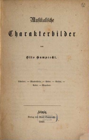 Musikalische Charakterbilder : Schubert, Mendelssohn, Weber, Rossini, Auber, Meyerbeer