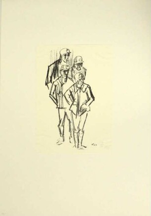 Druckgrafik einer Tuschezeichnung, Vier Bergleute (Titel alter Karteikarte)