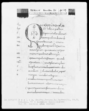 Institutio canonicorum concilii Aquisgranensis anno 816, Aachener Konzilsakten — Initiale Q(uia igitur), Folio 29recto