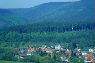 Teilansicht des Ortes mit bewaldeten Bergen im Hintergrund