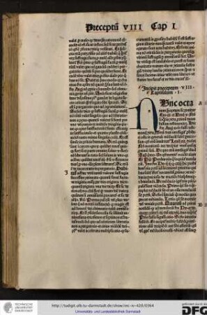 Nunc octavum preceptum sic ponitur Exodi xx et Deuteronimii v Non loquaris contra proximum tuum falsum testimonium...