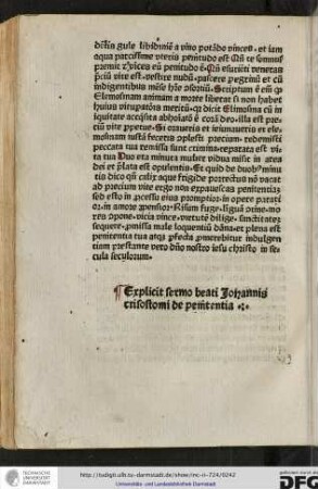Explicit sermo beati Johannis Crisostomi de penitentia.