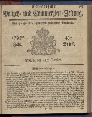 43tes Stueck, Montag den 28ten October 1793
