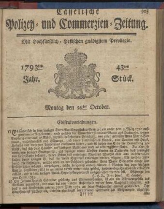 43tes Stueck, Montag den 28ten October 1793