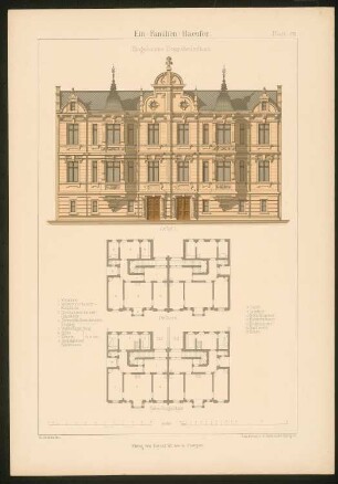 Eingebautes Doppelwohnhaus: Grundrisse und Ansicht (aus: Ein-Familien-Häuser, entworfen und gezeichnet von Hermann Bethke)