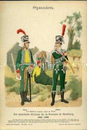 Uniformdarstellung, Gemeiner und Offizier des Jäger-Regiments zu Pferde, Königreich Spanien, 1807/1808.