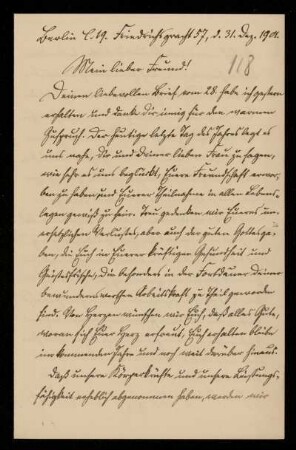 118: Brief von Reinhold Johow an Gottlieb Planck, Berlin, 31.12.1901