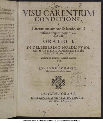 De Visu Carentium Conditione : a Literarum amore & laude, nulla ratione neque unquam excludenda, Oratio I.