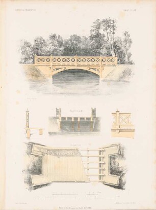 Brücke: Grundriss, Ansicht, Schnitt, Details (aus: Architektonisches Skizzenbuch, H. 7, 1853)